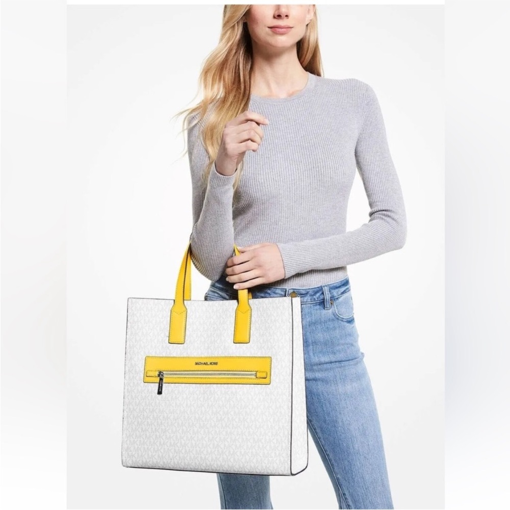 Michael Kors Kenly Large North South Tote White MK Signature Citrus Yellow - Picture 2 of 10